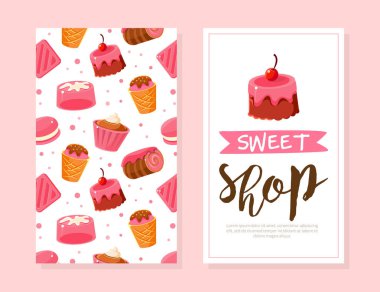 Sweet Shop Kart Şablonu, Fırın, Şekerci Dükkanı, Cafe, Şekerleme Tasarımı Çizgi Film Çizimi