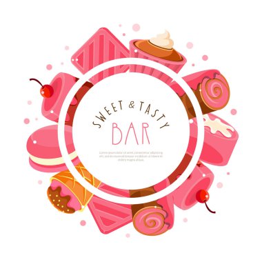 Sweet and Tasty Bar Banner Şablonu, Pastane, Şekerci Dükkanı, Cafe, Şekerleme Kartı, Flyer, Poster, Flyer Tasarım Çizim Vektör Resimleri