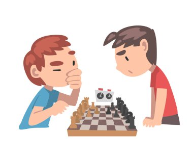 Şirin Çocuklar Satranç Oynuyor, Çocuklar Satranç Kulübü, Turnuva, Boş Vaktler, Beyin Geliştirme Mantık Oyunları Çizgi Film Stili Vektör İlülasyonu