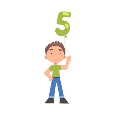 Cute Boy Holding Green Balloon Shaped as 5 Number Cartoon Style Vector Illustration clipart