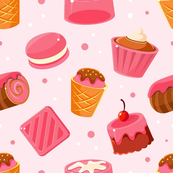 Tasty Desserts Seamless Pattern, Candy Shop, Bar, Cafe, Confectionery Background, Textile, Packaging, Wallpaper, Wrapping Paper Design Vector Illustration — Stock Vector