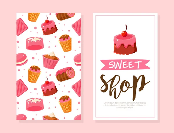 Plantilla de tarjeta de tienda dulce, panadería, tienda de dulces, café, diseño de confitería ilustración de vectores de dibujos animados — Vector de stock