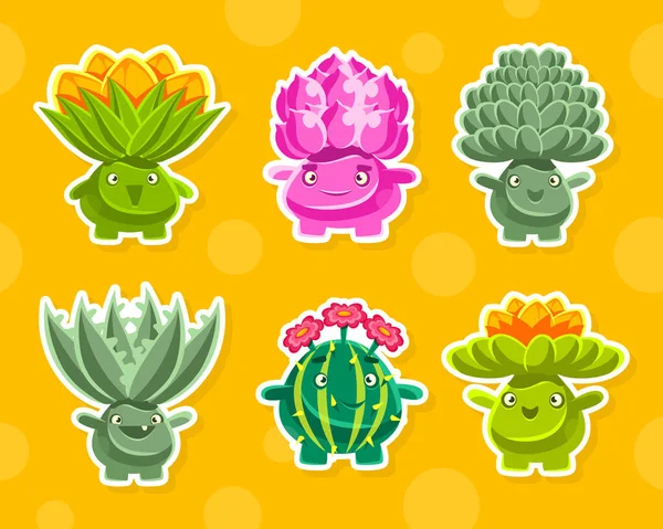 Funny Fantasy Plants Characters Collection, Niedliche Fantastische Blumen Aufkleber, Patches Cartoon Vector Illustration — Stockvektor