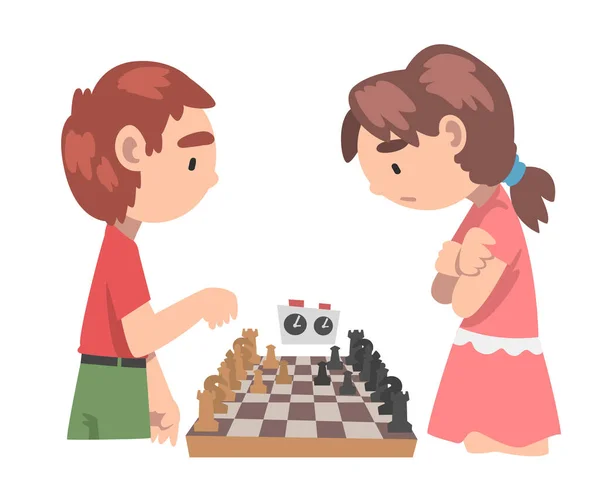 Cute Boy and Girl Cometing in Chess, Chess Club, Tournament, Logic Game for Brain Development Concept Cartoon Style Vector Illustration — стоковый вектор