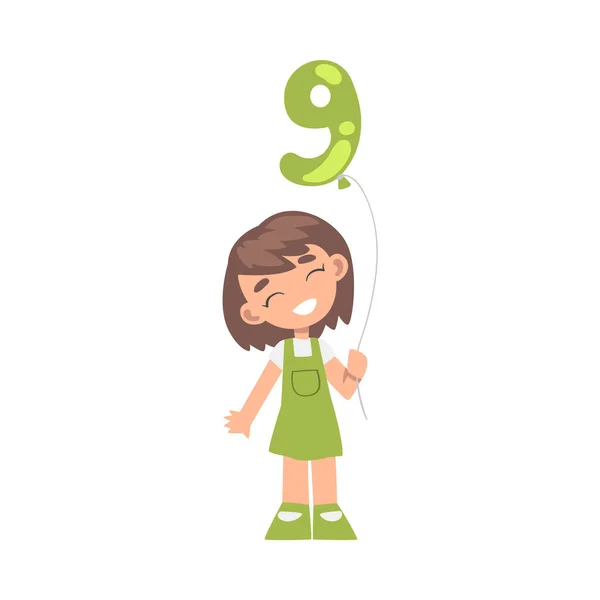 Cute Girl Holding Green Balloon Shaped as 9 Number Cartoon Style Vector Illustration — Stock Vector