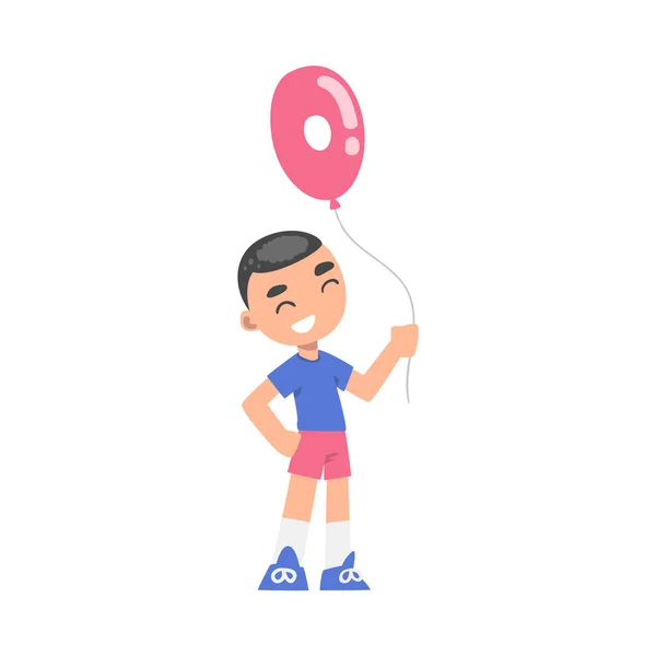 Ragazzo sveglio che tiene il palloncino rosa modellato come illustrazione vettoriale di stile del fumetto di 0 numeri — Vettoriale Stock