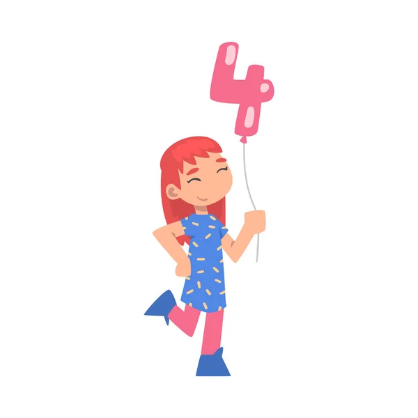Schattig meisje Holding roze ballon gevormd als 4 nummer cartoon stijl vector illustratie — Stockvector