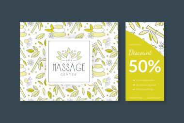 Masaj Merkezi İş Kartı, Flyer, Banner Şablonları Set, Alternatif Tıp, Yoga Kulübü, Akupunktur, Doğal Kozmetik, Şifa Tasarım Vektörü İllüstrasyonu