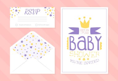 Bebek Sağanağı Davetiye Şablonu, Zarf, Teşekkürler ve RSVP Kartları Tasarımı Pastel Renkler Vektör İllüstrasyonu