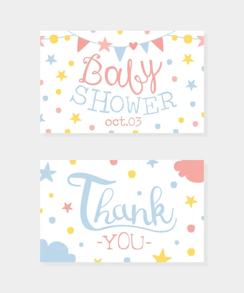 Invitación de Baby Shower y plantillas de tarjetas de agradecimiento en colores pastel Vector Illustration — Archivo Imágenes Vectoriales