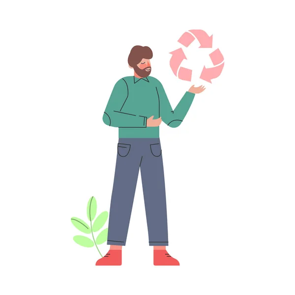 手にピンクのリサイクルサインを持つ男漫画スタイルベクトルイラスト — ストックベクタ