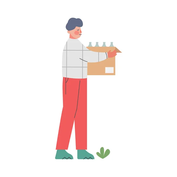 Muž drží lepenkové krabice plné plastových lahví, Lidé shromažďují odpadky pro recyklaci karikatury styl vektorové ilustrace — Stockový vektor