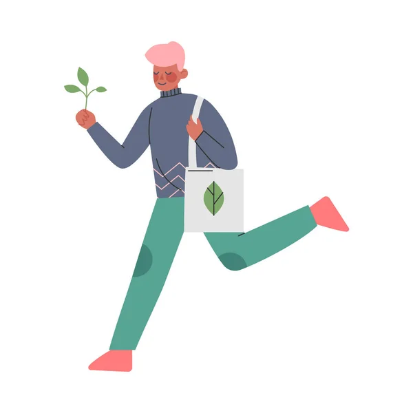 Homem jovem usando Eco Bag, Guy Cuidando de Meio Ambiente e Ecologia Desenhos Animados Estilo Vector Ilustração — Vetor de Stock