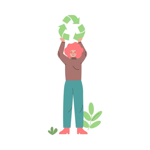 Vrouw Holding Green Recycle Sign Over haar hoofd Cartoon Style Vector Illustratie — Stockvector