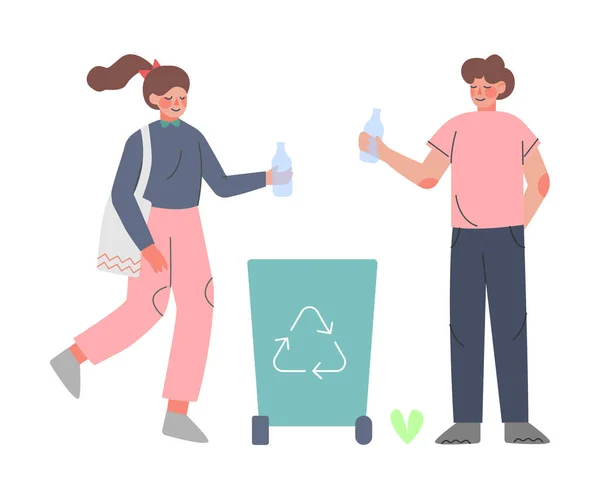 Uomo e donna gettare spazzatura plastica nel cestino con simbolo di riciclaggio, persone che raccolgono spazzatura per il riciclaggio stile cartone animato vettoriale Illustrazione — Vettoriale Stock