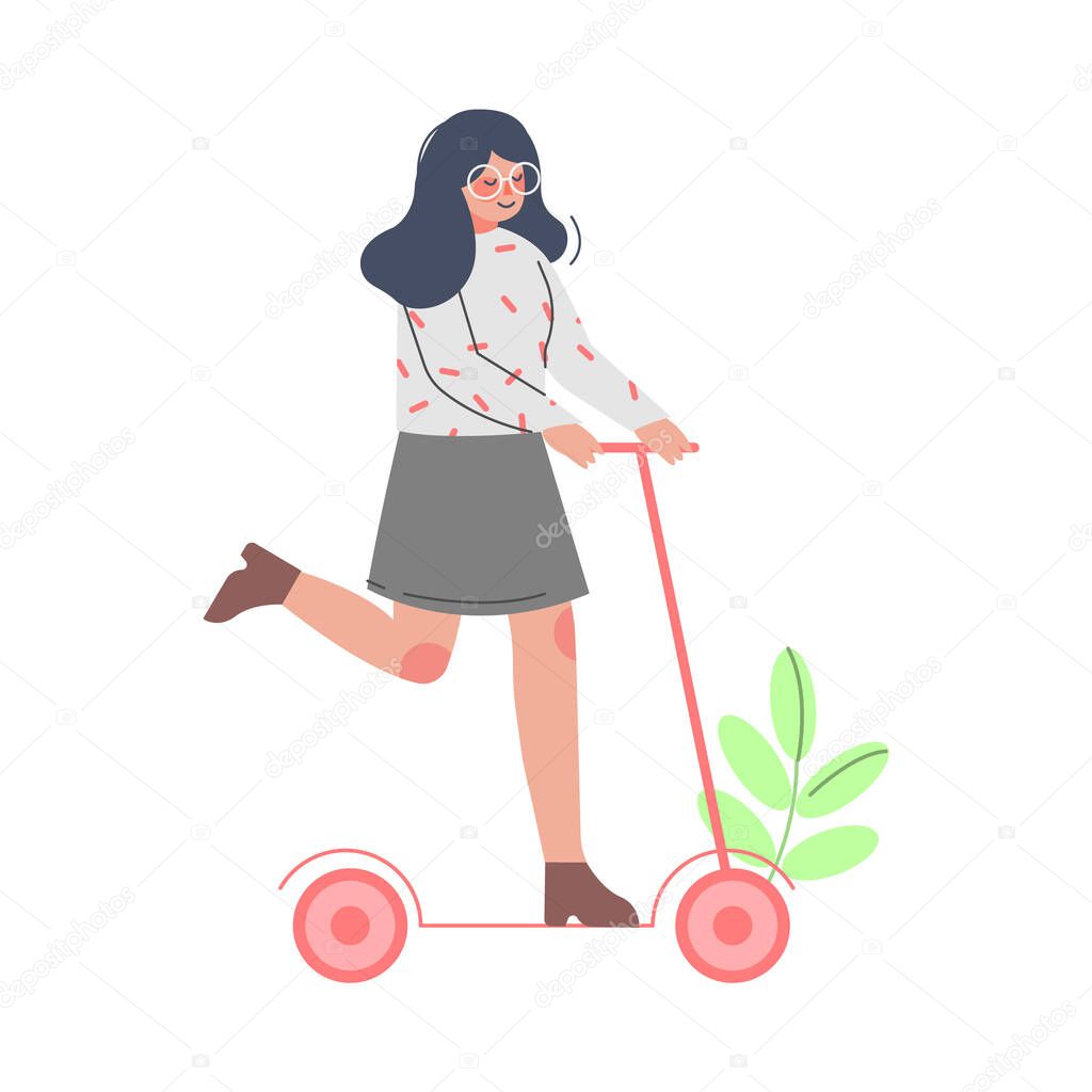 Young Woman Riding Kick Scooter, Girl Using Eco Friendly Transport Cartoon Style Vector Illustration