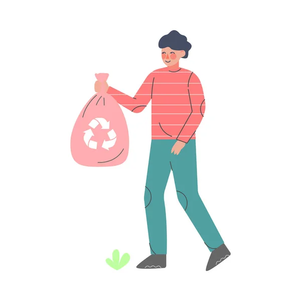 Man sortera avfall med hjälp av Eco Bag, människor samla skräp för återvinning tecknad stil vektor Illustration — Stock vektor