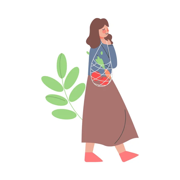 Žena pomocí Eco Net Bag pro nakupování, Dívka pečující o životní prostředí a ekologie Cartoon Style Vector Illustration — Stockový vektor
