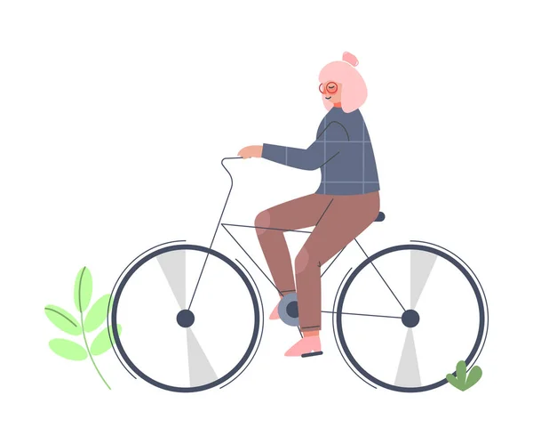Mladá žena na koni na kole, dívka pomocí ekologické dopravy Cartoon Style Vector Illustration — Stockový vektor
