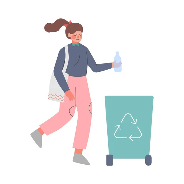 Woman Throwing Plastic Trash in Container with Recycling Symbol Cartoon Style Vector Illustration — Stock Vector