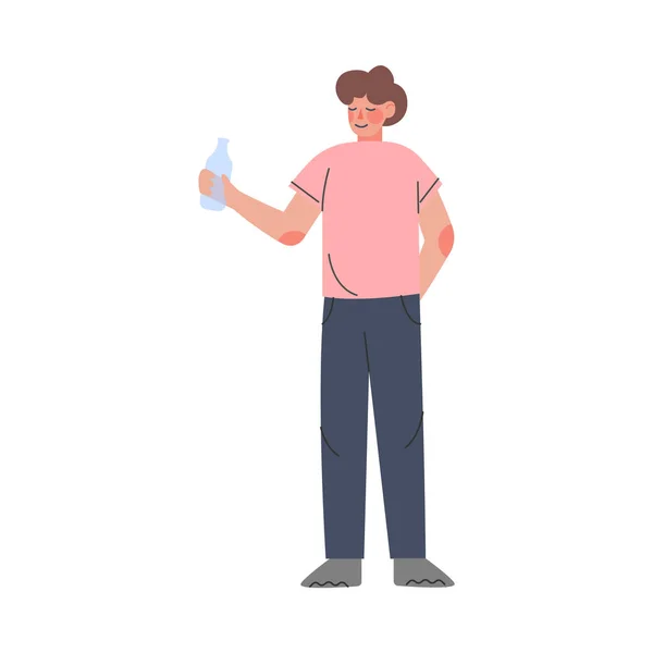 Молодий чоловік тримає пляшку з екологічним склом, хлопець піклується про навколишнє середовище та екологію Векторні ілюстрації — стоковий вектор