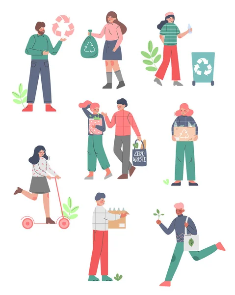 Mensen die geven om milieu en ecologie Set, mannen en vrouwen verzamelen vuilnis voor recycling, het gebruik van Eco Bags en het kiezen van milieuvriendelijke Lifestyle Vector Illustratie — Stockvector