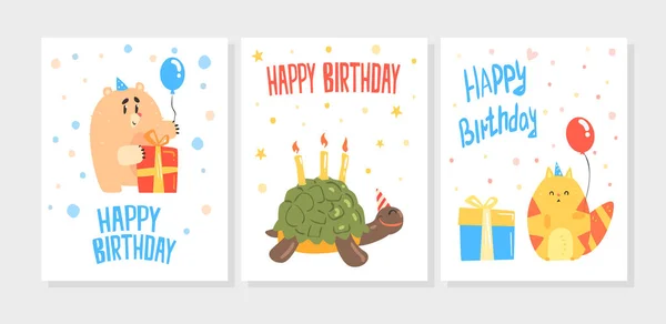 Happy Birthday Card Templates Set, Πρόσκληση, Ευχετήρια κάρτα, Banner με χαριτωμένα άγρια ζώα, Αστεία Jungle Κόμμα Σχεδιασμός Cartoon Vector Εικονογράφηση — Διανυσματικό Αρχείο