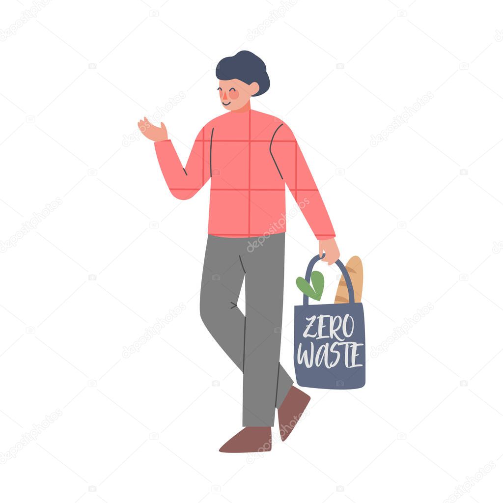 Young Man Using Eco Bag for Shopping, Guy Caring about Environment and Ecology Cartoon Style Vector Illustration