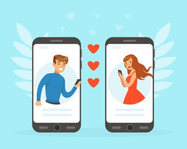 Çevrimiçi Randevu Platformu Kullanan Çift, Video Çağrısı, Sanal İlişkiler, Sosyal Mesafe Konsepti Vektör İllüstrasyonu ile Kadın ve Erkek Sohbeti