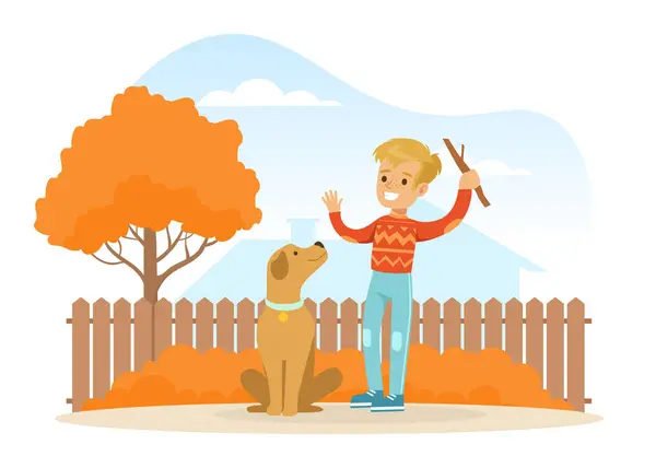 Lächelnder Junge trainiert Hund im Hinterhof, Kind spielt mit Haustier im Herbst Landschaft Cartoon Vektor Illustration — Stockvektor
