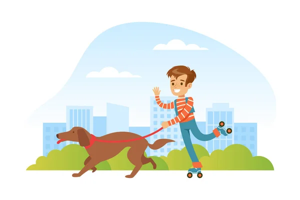Счастливый мальчик гуляет с собакой в городском парке, домашнее животное перетащило мальчика на дачу — стоковый вектор