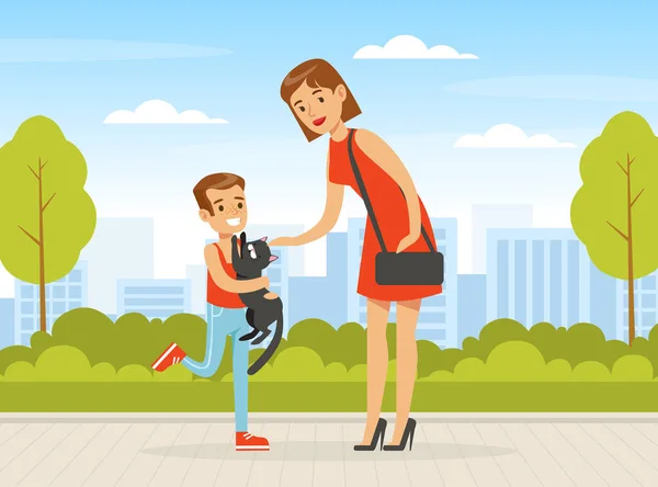 ( 영어 ) Mom and Her Son Walking with Cat in Urban Park, Boy Playing with Pet Animal Outdoor Cartoon Vector Illustration — 스톡 벡터