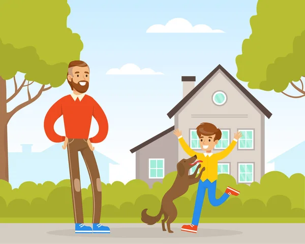 Папа и его сын гуляют с собакой на улице, мальчик играет с домашним животным на улице — стоковый вектор