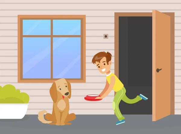 Netter kleiner Junge füttert sein Haustier Hund Cartoon Vector Illustration — Stockvektor