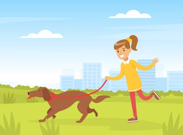 Happy Girl with her Dog Outdoor, Kid 'in Evcil Hayvanı ile Yaz Manzarası Çizgi Filmi Vector Illustration — Stok Vektör