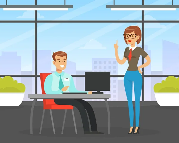 Woman Boss Giving Tasks to Employee who Sitting at Desk, Leadership, Effective and Productive Management Concept Flat Vector Illustration - Stok Vektor