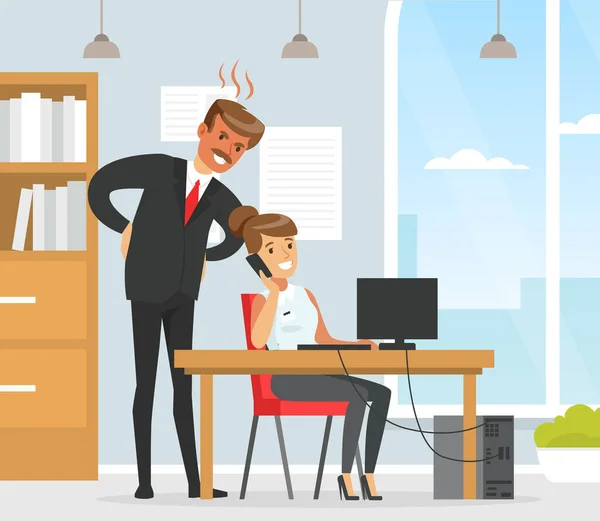 Angry Boss Standing next to Office Employee who is Talking on Phone Flat Vector Illustration — Stock Vector