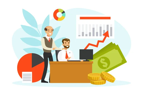 Úspěšní podnikatelé pracující v kanceláři, plánování, finanční investice, marketing a analýza ploché vektorové ilustrace — Stockový vektor