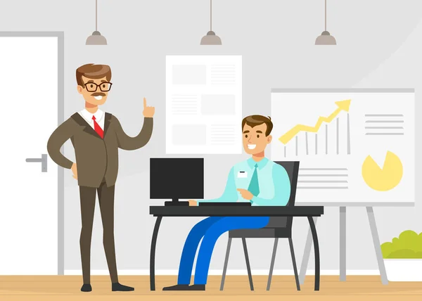 Bedrijf baas geeft taken aan mannelijke werknemer die zit aan het bureau, Leiderschap, Effectieve en Productieve Management Concept Flat Vector Illustratie — Stockvector