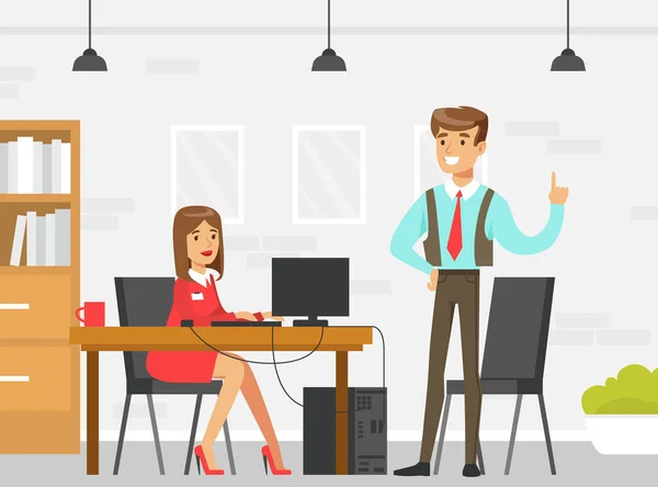 Business Executive o Boss dare consigli ai dipendenti di sesso femminile in ufficio, Supervising at Work, Leadership, Efficace e produttivo concetto di gestione Flat Vector Illustrazione — Vettoriale Stock