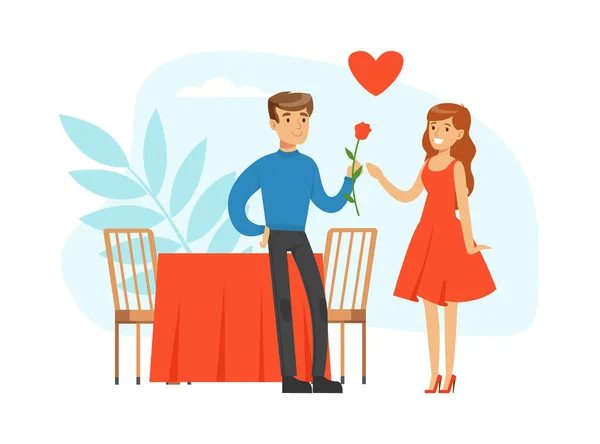 Mladý pár s romantickým rande v kavárně, muž a žena v lásce slaví Valentines Day Cartoon Vector Illustration — Stockový vektor