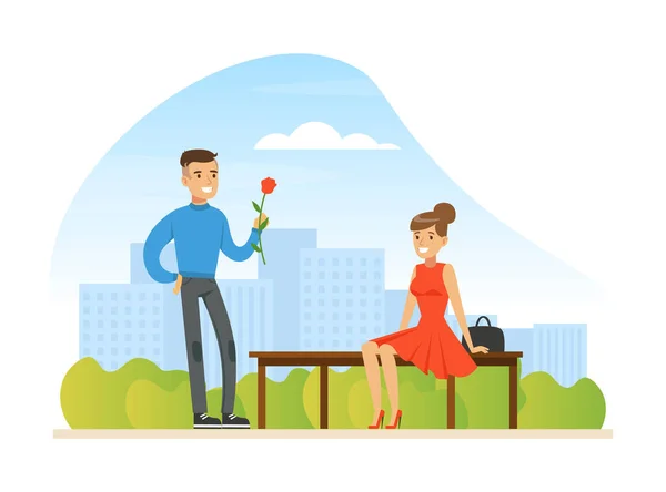 In Love on Romantic Date, Man and Woman Having Romantic Date in City Park Cartoon Vector Illustration — 스톡 벡터