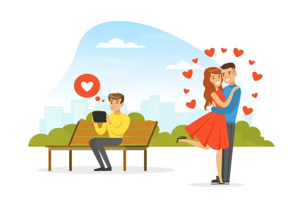 Szczęśliwa romantyczna para zakochanych na randce, mężczyzna i kobieta spędzają razem czas na świeżym powietrzu Cartoon Vector Illustration — Wektor stockowy