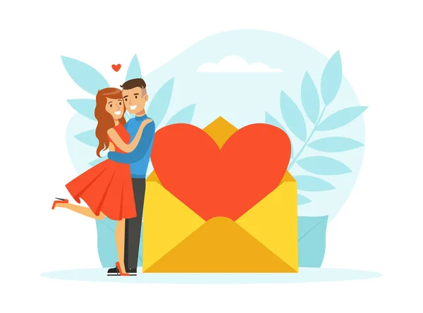 In Love Having Romantic Date during Valentine Day Celebration, Young Man and Woman Met through Online Dating Application or Website Vector Illustration — 스톡 벡터