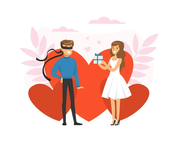 Guy Having Blind Date, People Finding Love, Blindfolded Man and Girl Met through Online Dating Application or Website Vector Illustration — Stock vektor