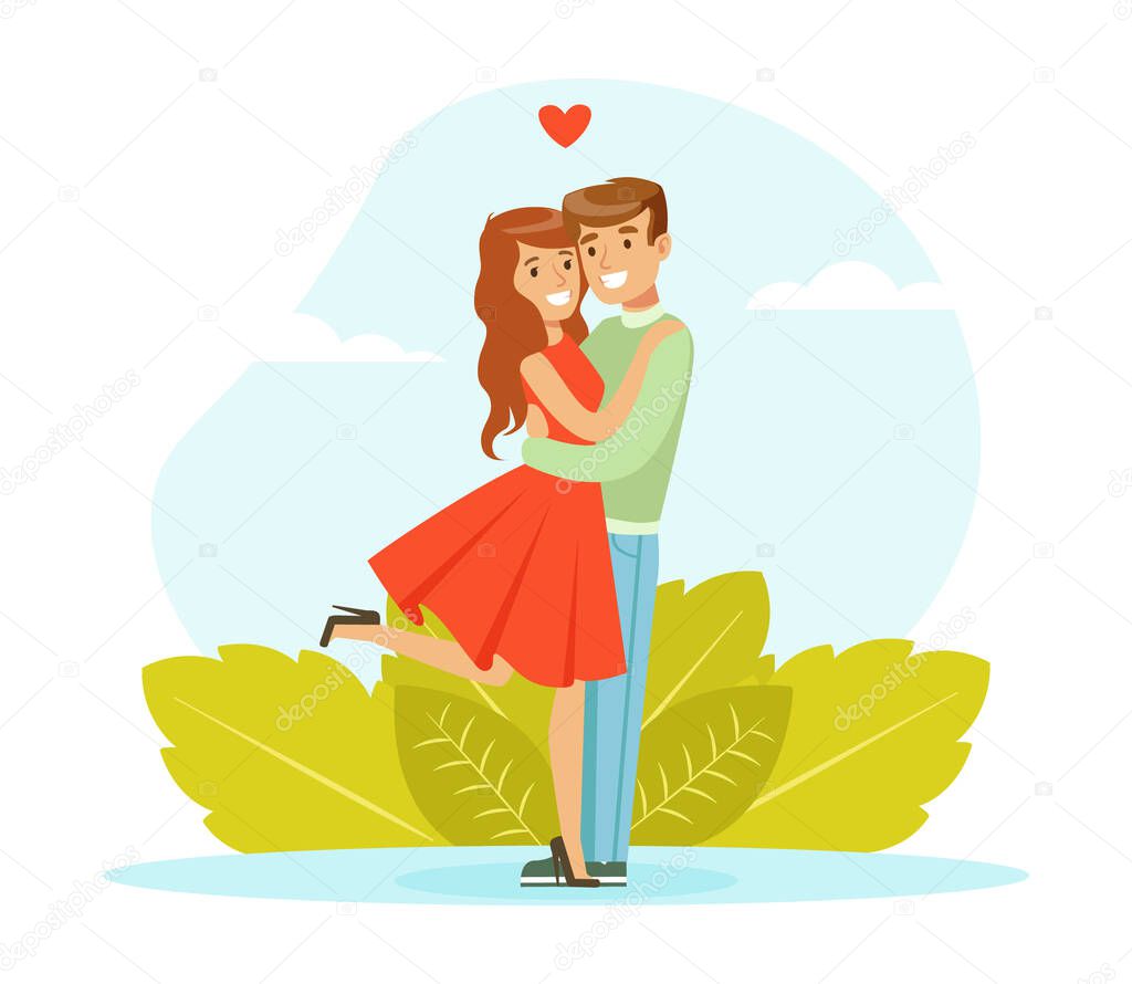 Young Couple Walking in Park, Man and Woman Hugging and Kissing on Romantic Date Outdoors in City Park Cartoon Vector Illustration