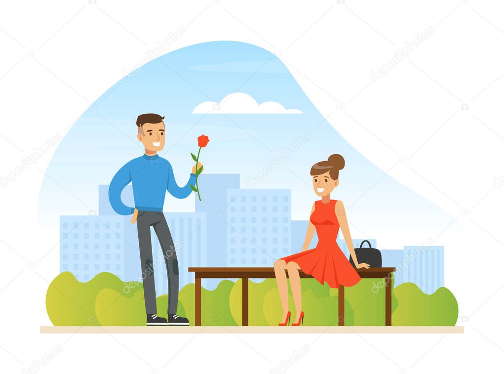 Couple in Love on Romantic Date, Man and Woman Having Romantic Date in City Park Cartoon Vector Illustration