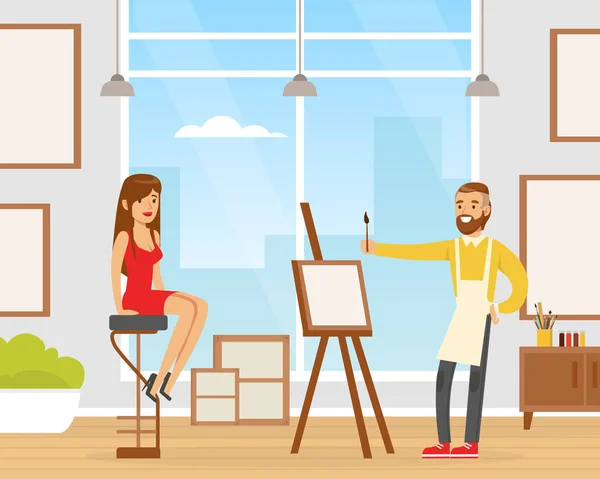 .Young Man Painting Portrait of Woman Sitting in Front of Easel, Creative Handicraft Hobby Cartoon Vector Illustration — Stock Vector