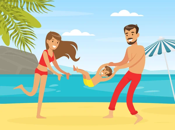Happy Family S'amuser sur la plage tropicale, Père, Mère et Fils en vacances d'été sur le bord de la mer Illustration vectorielle de bande dessinée — Image vectorielle