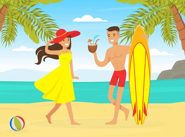 ชายหนุ่มและหญิงมีวันหยุดฤดูร้อน คู่รักเดินบนชายหาดเขตร้อนกับกระดานโต้คลื่น ภาพเวกเตอร์การ์ตูน — ภาพเวกเตอร์สต็อก